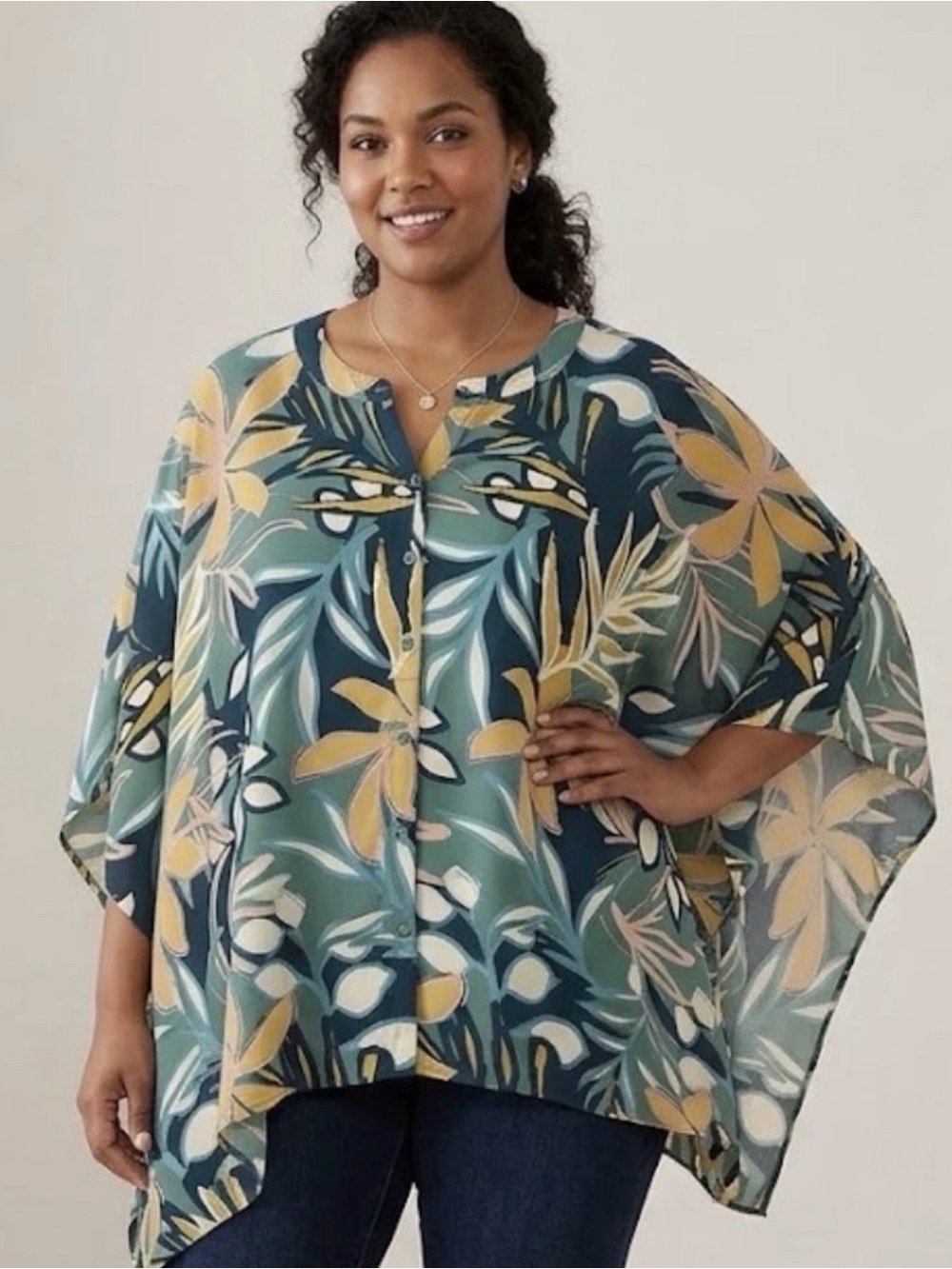 Denim & Co. Women's Top Sz XL/1X Printed Georgette Green A692712